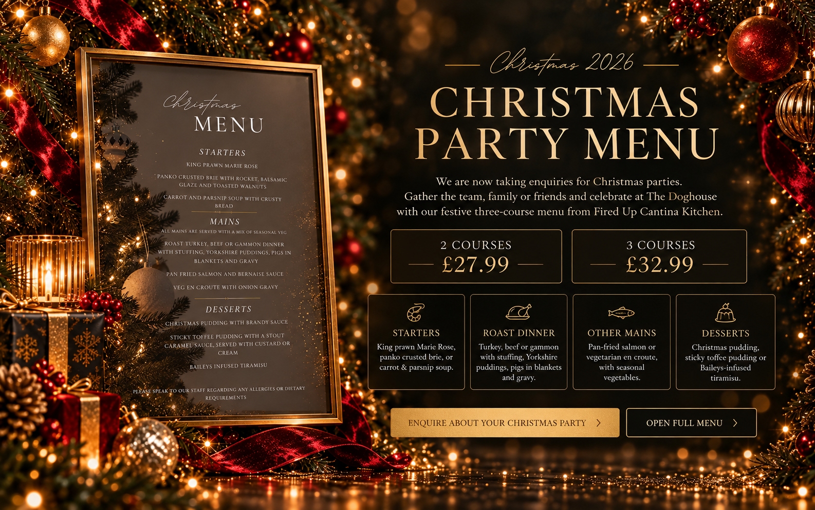 Christmas 2026 party menu at The Doghouse Selby. Two courses £27.99, three courses £32.99.